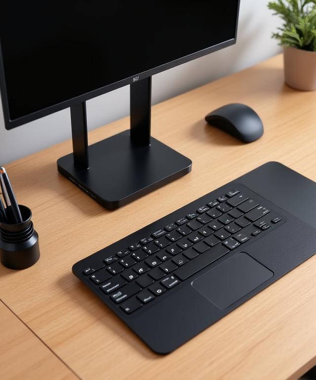 A collection of black aluminum office accessories on a wooden desk.